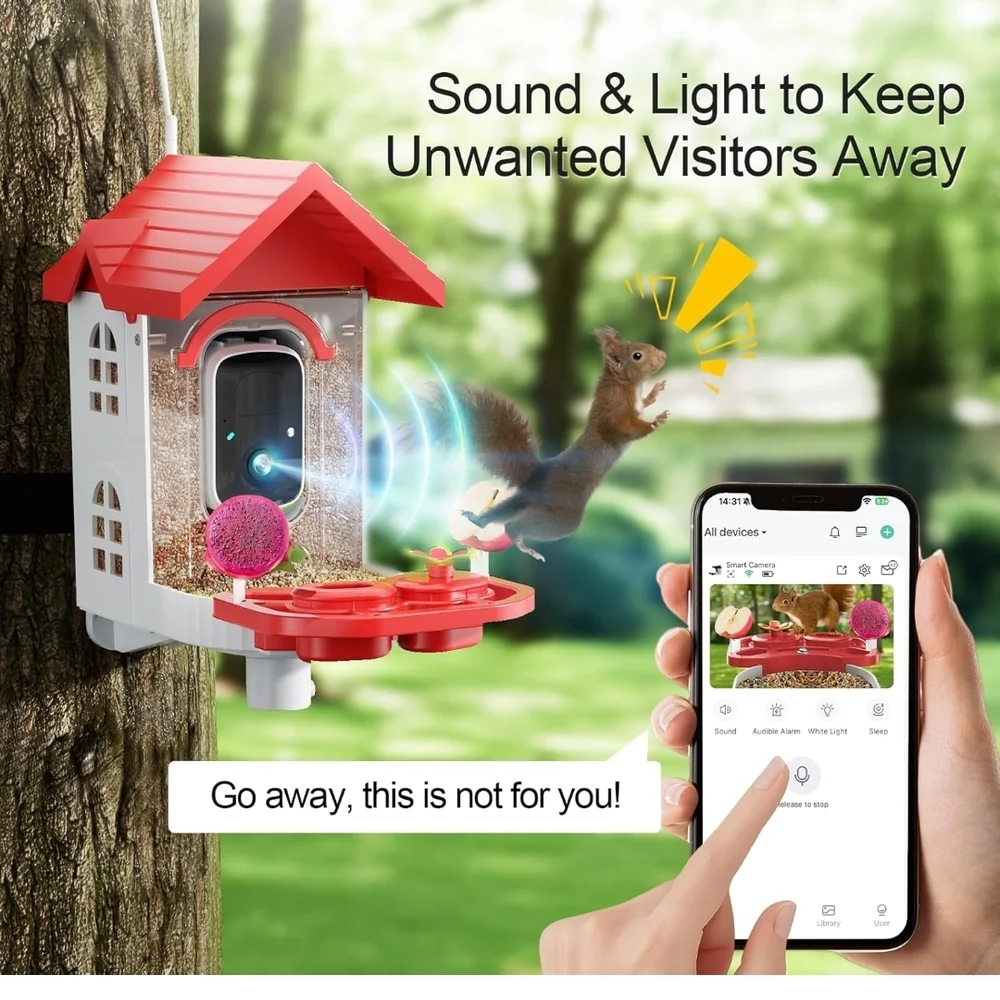 Red and White Bird Feeder with Camera